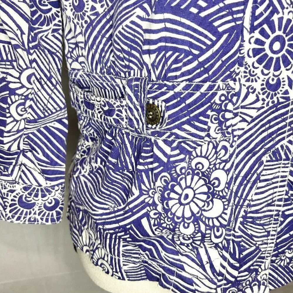 COLDWATER CREEK Utility Full Zip Jacket Sz 6 Floral Print Lapis Purple and White